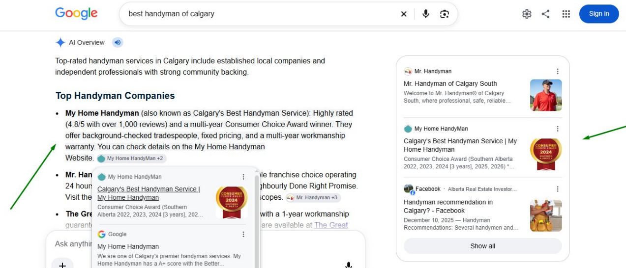 Google AI Overview listing My Home Handyman first for best handyman of Calgary