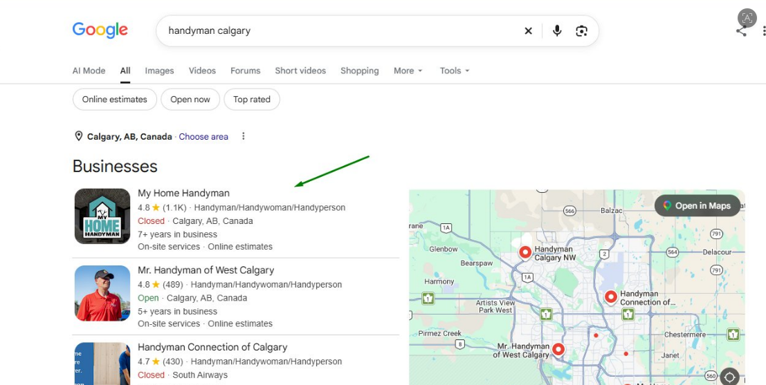 Google local pack for handyman Calgary with My Home Handyman ranking first