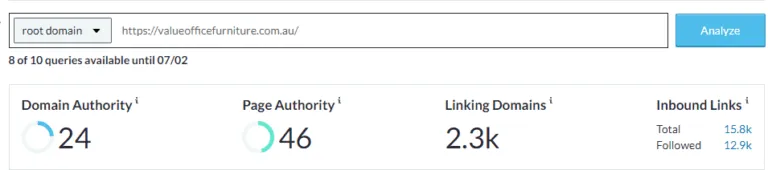 Moz Link Explorer for valueofficefurniture.com.au showing Domain Authority 24