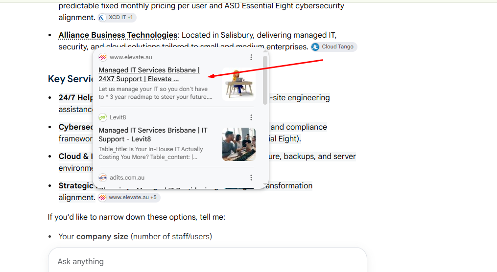 Google AI Mode listing our client as the top source