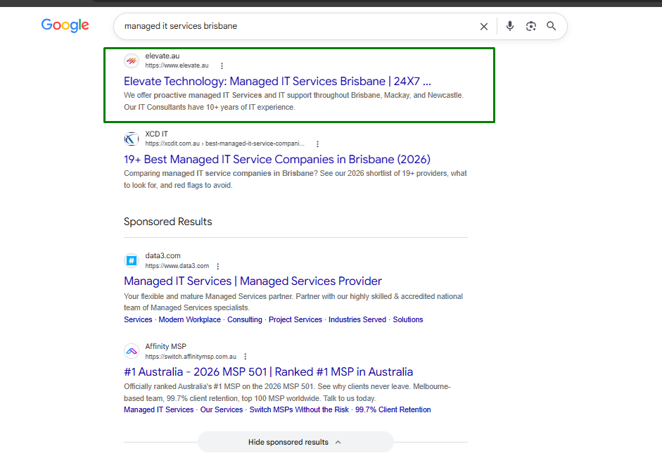 Google results where our client ranks first for managed IT services Brisbane